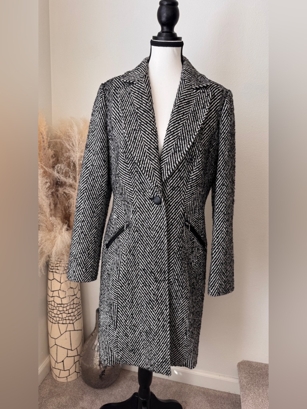 White House Black Market Black & White Herringbone Pea Coat - 10